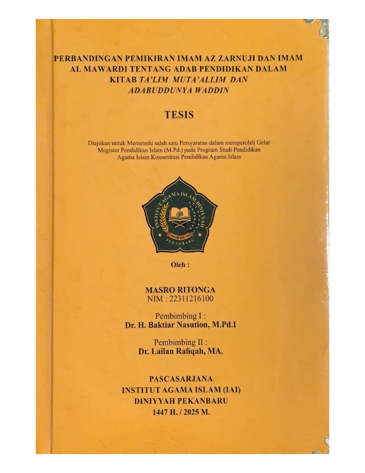 Perbandingan Pemikiran Imam Az Zarnuji Dan Imam Al Mawardi Tentang Adab Pendidik Dalam Kitab Ta'lim Muta'allim Dan Adabuddunya Waddin